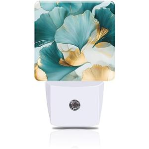 FOISIIAEA Night Light Green and Gold Ginkgo Leaves Night Lights Plug into Wall Smart Dusk to Dawn Sensor 0.5W Energy Efficient Led Lamp for Men Women Bedroom Bathroom Hallway Stairway Decor
