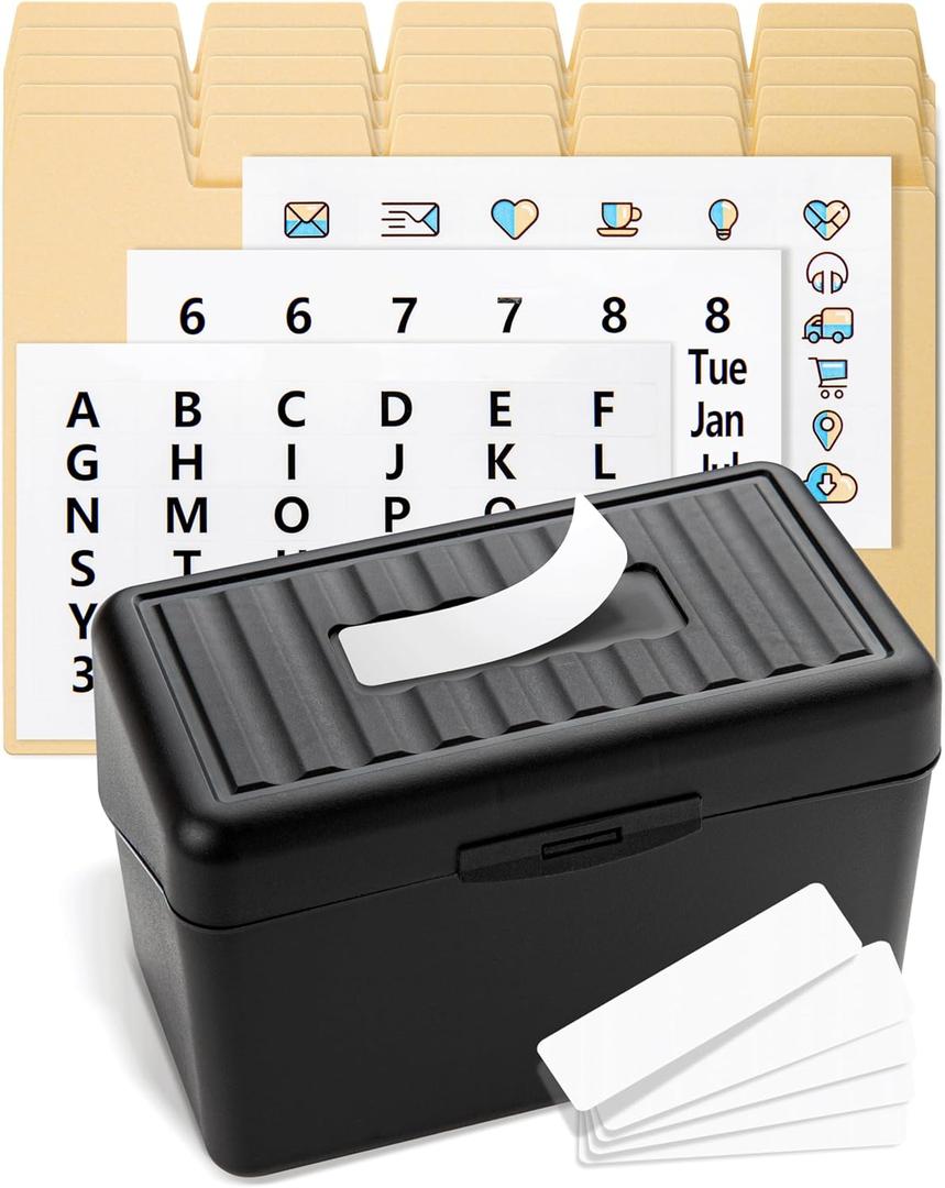 OFFILICIOUS Index Card Box 3x5 - Recipe Box with Manila Dividers & Stickers - Premium Index Card Holder Ideal as Business Card Organizer, Recipe Card Box, Index Card Organizer, Flash Card Holder (139 Pcs Set)
