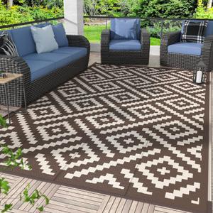 GENIMO Outdoor Rug for Patio Clearance, 9'x12' Waterproof Camping Mat, Reversible Plastic Straw Rugs for RV, Camper, Balcony, Backyard, Picnic, Deck (Coffee & Beige)