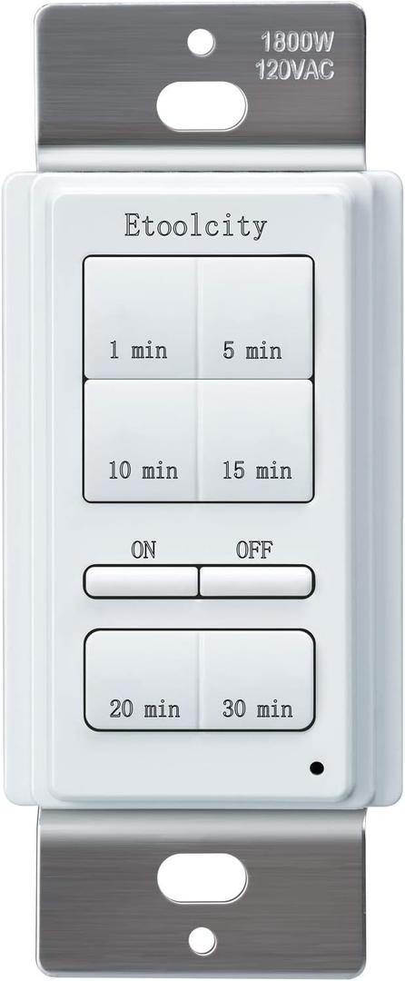Countdown Timer Switch, Etoolcity Bathroor Fan Timer with 130 Min Presets, Neutral Wire Required, 1800W, Automatic Shut-Off for Bathroom Exhaust Fan, White