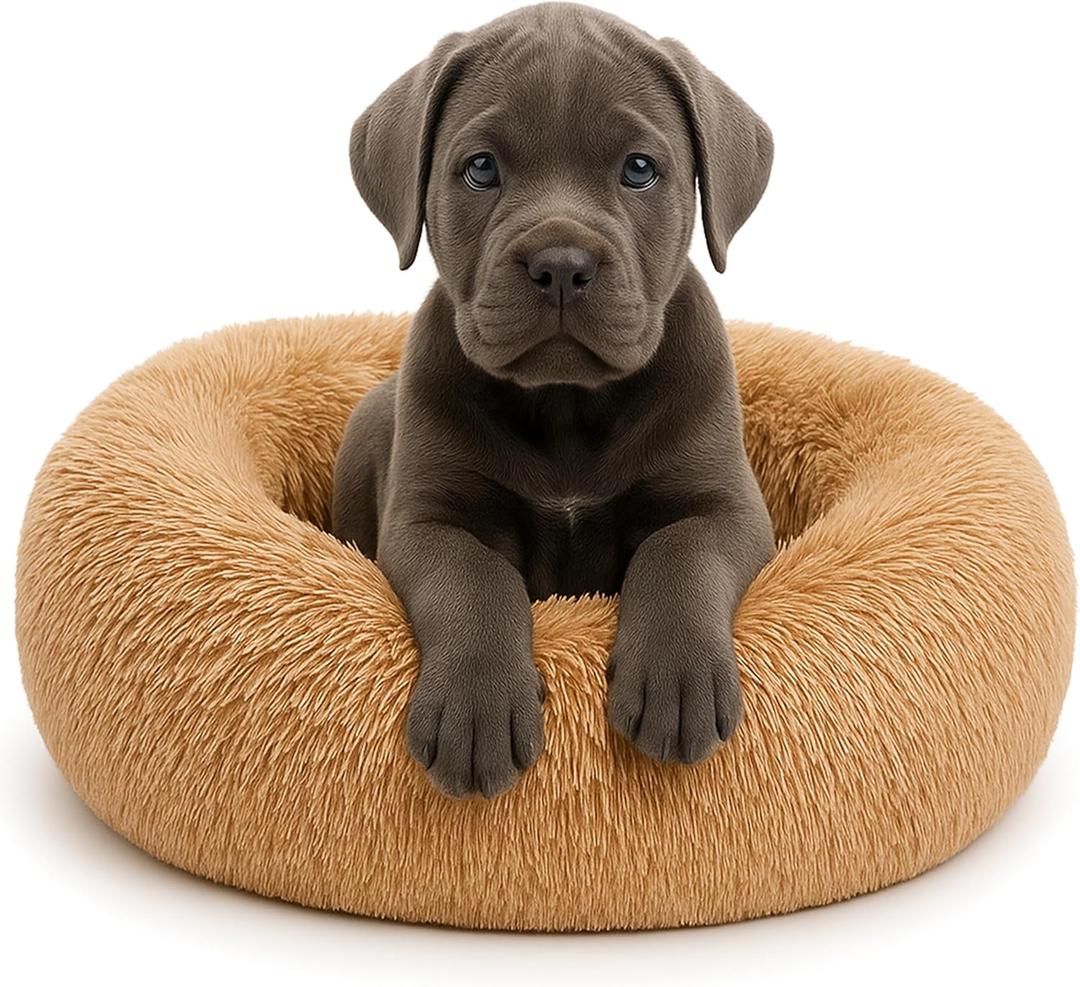 Calming Dog Bed - Fluffy Donut Cuddler for Anxiety Relief, Orthopedic Pet Bed with Non-Slip Bottom, Cozy Round Faux Fur Nest for Dogs and Cats, Plush Crate Mat for Comfort (Camel, Medium)