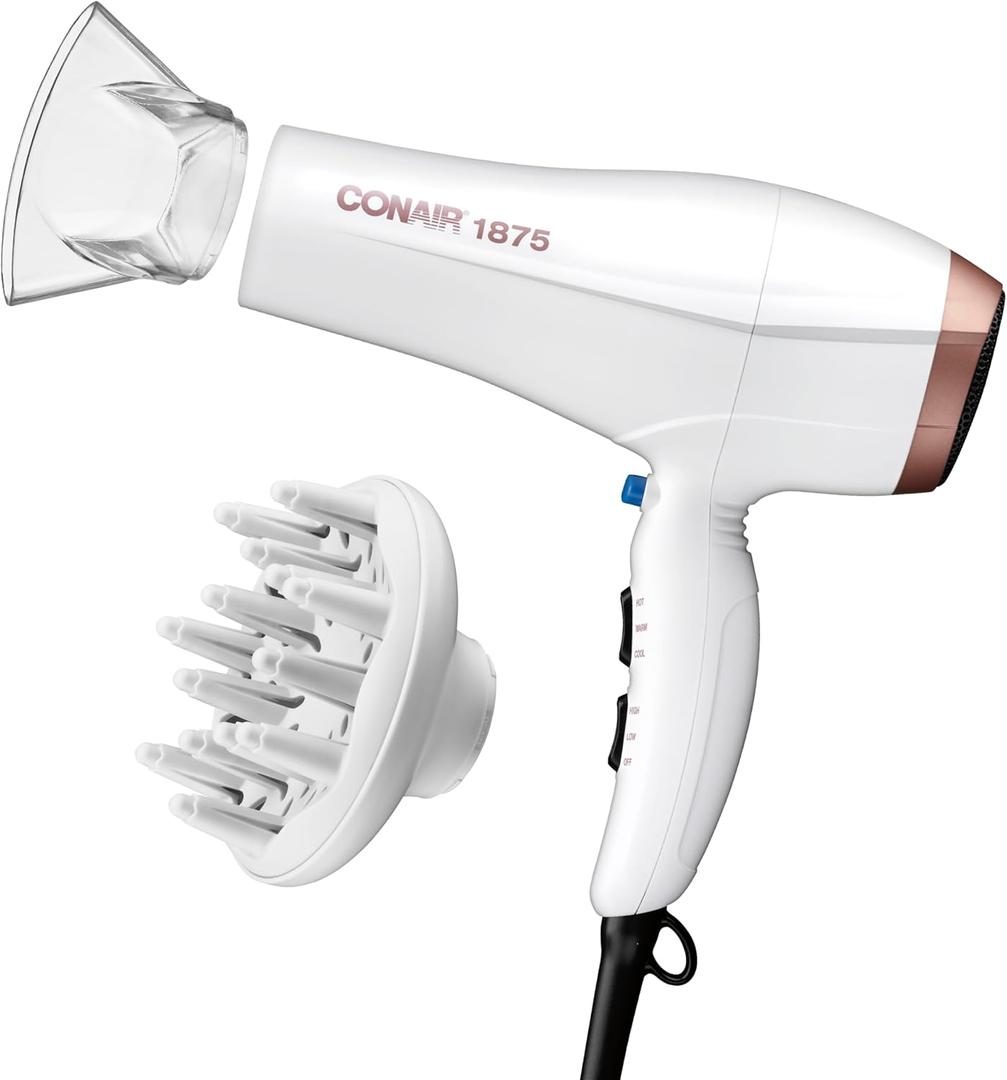 Conair Double Ceramic Hair Dryer with Diffuser, Blow Dryer with Ionic Conditioning, Includes Diffuser and Concentrator, White