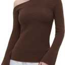 OMKAGI Off the Shoulder Fall Sweaters for Women Trendy Slim Fit Ribbed Knit Long Sleeve Top (Brown, M)