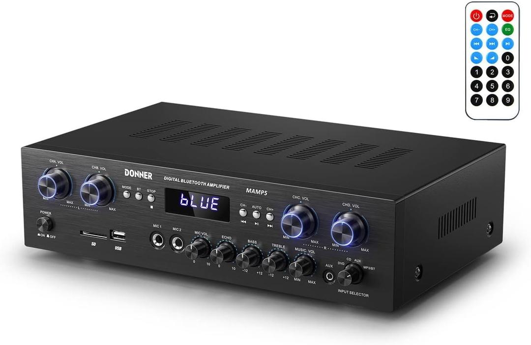 Donner Bluetooth 5.0 Stereo Audio Amplifier Receiver, 4 Channel 440W Peak Power Home Theater Stereo Receiver with USB, SD, FM, 2 Mic in Echo, RCA, LED, Speaker Selector for Studio, Home  MAMP5