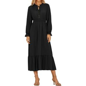 Sunny Spirit Women's Floral Boho Midi Dress 2025 Spring Fall Long Sleeve V Neck Chiffon A-Line Flowy Party Dresses (Black, L)