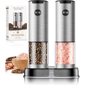 Electric Salt and Pepper Grinder- Automatic Battery Pepper Mill Shakers Kitchen Essentials for New Home Adjustable Coarseness Upgraded Larger Capacity with Led for Housewarming Gifts (Stainless Steel)