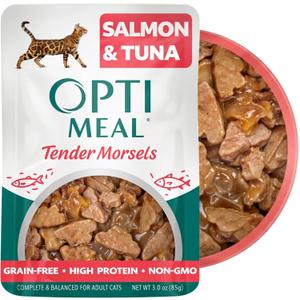 Optimeal Wet Cat Food Grain Free - Salmon & Tuna Tender Morsels, High Protein Premium Nutrition Made with Natural European Ingredients, Adult Cat Food Wet Pouches 3oz (Pack of 12) (EXP 02/27/28)