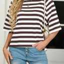 IWOLLENCE Women's Loose Casual Summer Striped Tops Crewneck 1/2 Short Sleeve Color Block Tee Oversized Cropped Shirts (M)