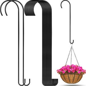 12 Pack 24 Inch Long S Hooks for Hanging Plants, Heavy Duty Metal Tree Branch Hangers Extenders for Bird Feeders Flower Baskets Wind Chimes Black Vinyl Coated Garden Hook