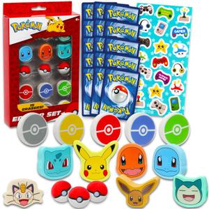 Pokemon Party Favor Set - Bundle with 15 Erasers Featuring Pokeball, Charmander, Bulbasaur, More Plus Trading Cards | Pokemon Party Supplies Kit for Kids, Boys, Girls
