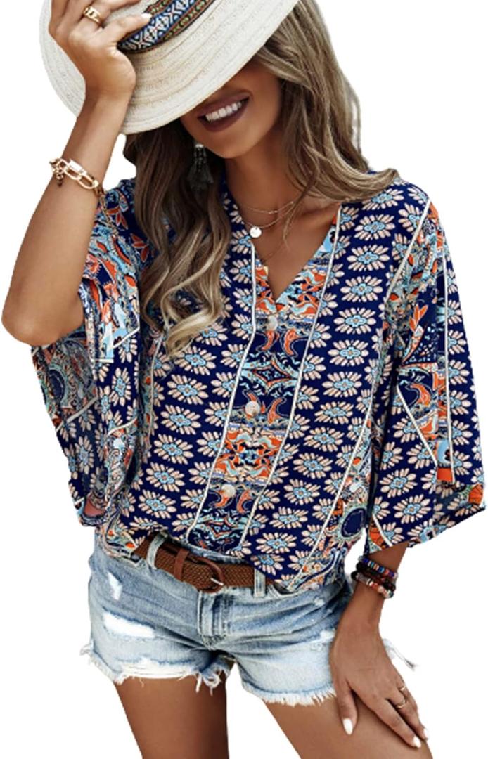 SOLY HUX Women's Boho Print V Neck 3/4 Bell Sleeve Button Front Summer Blouse Top (Medium)