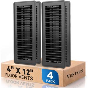 4" x 12" Floor Register Vent Covers 4-Pack, Walkable Powder-Coated Metal Vent Covers with Adjustable Airflow, Curved Safe Edges for Floor/Wall, Black