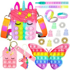 Pop Purse Pack Toy, Unicorn Rainbow Shoulder Crossbody Small Mini Little Keychain, 3 4 5 6 7 8 9 10 12 Year Old Birthday Gifts for Toddler Kids Girl, Christmas Stocking Stuffers