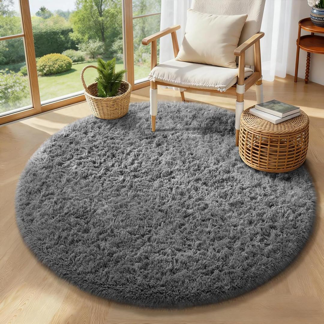 Ophanie Round Rug 4Ft Grey Circle Area Rugs, Fluffy Fuzzy Small Bedroom Carpet 4 Foot, Plush Shag Floor Gray Living Room Christmas Circular Aesthetic Decor for Kids Teen Boys Baby, Nursery, Classroom