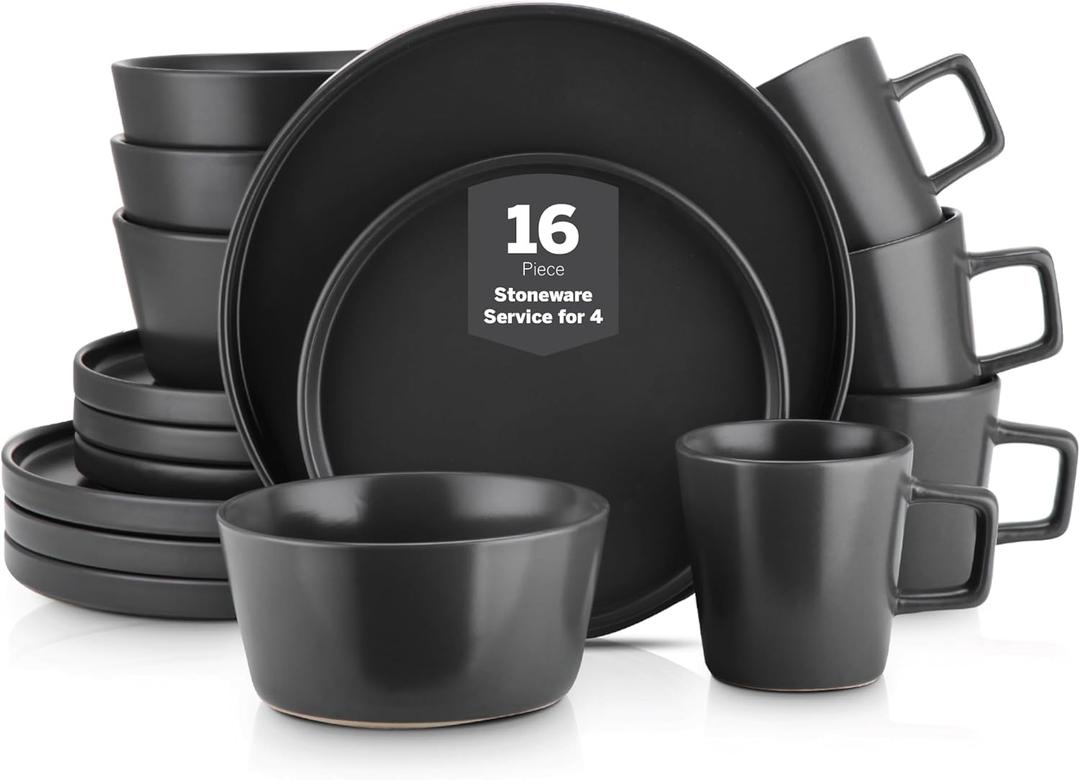 Stone Lain Celina Stoneware 16 Piece Modern Dinnerware Set, Plates and Bowls, Black Matte, Service for 4, Microwave & Dishwasher Safe