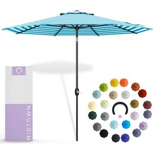 MIDTOWN UMBRELLAS The Lean 10 Feet Outdoor Umbrella With Terylast Cobalt Stripes (Blue/White Stripes) Polyester Fabric - Auto-Tilt Aluminum Frame Patio Umbrella For Deck, Garden, Pool - Black Pole