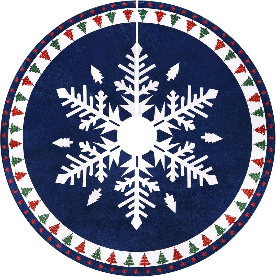 MACTING Christmas Tree Skirt, 30 Inch Round Blue Polyester Christmas Tree Skirts with Big Snowflake and Christmas Tree Printed for Holiday Party Rustic Xmas Tree Decoration