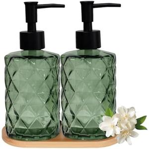 Glass Hand and Dish Soap Dispenser Set of 2 with Plastic Pumps, Bamboo Tray, 12oz Green Bathroom Soap Dispenser with Diamond for Hand Wash & Dish Wash, Ideal for Bathroom Kitchen Countertop