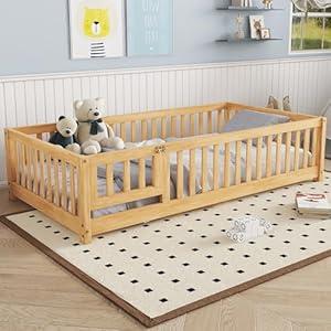 Bellemave Twin Floor Bed Frame with Slats and Safety Guardrail, Wood Twin Size Montessori Floor Bed with Door and Fence, Easy Assemble Montessori Beds for Kids, Girls, Boys, Natural