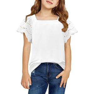 Yoklass Girls Casual Shirts Square Neck Ruffle Sleeve Tops Solid Loose Blouses 8-9 Years