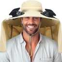 Chuarry Wide Brim Sun Hat with 2 Fan Outdoor Solar Powered USB Charging Fishing Hat with Neck Flap for Men Women (Khaki)