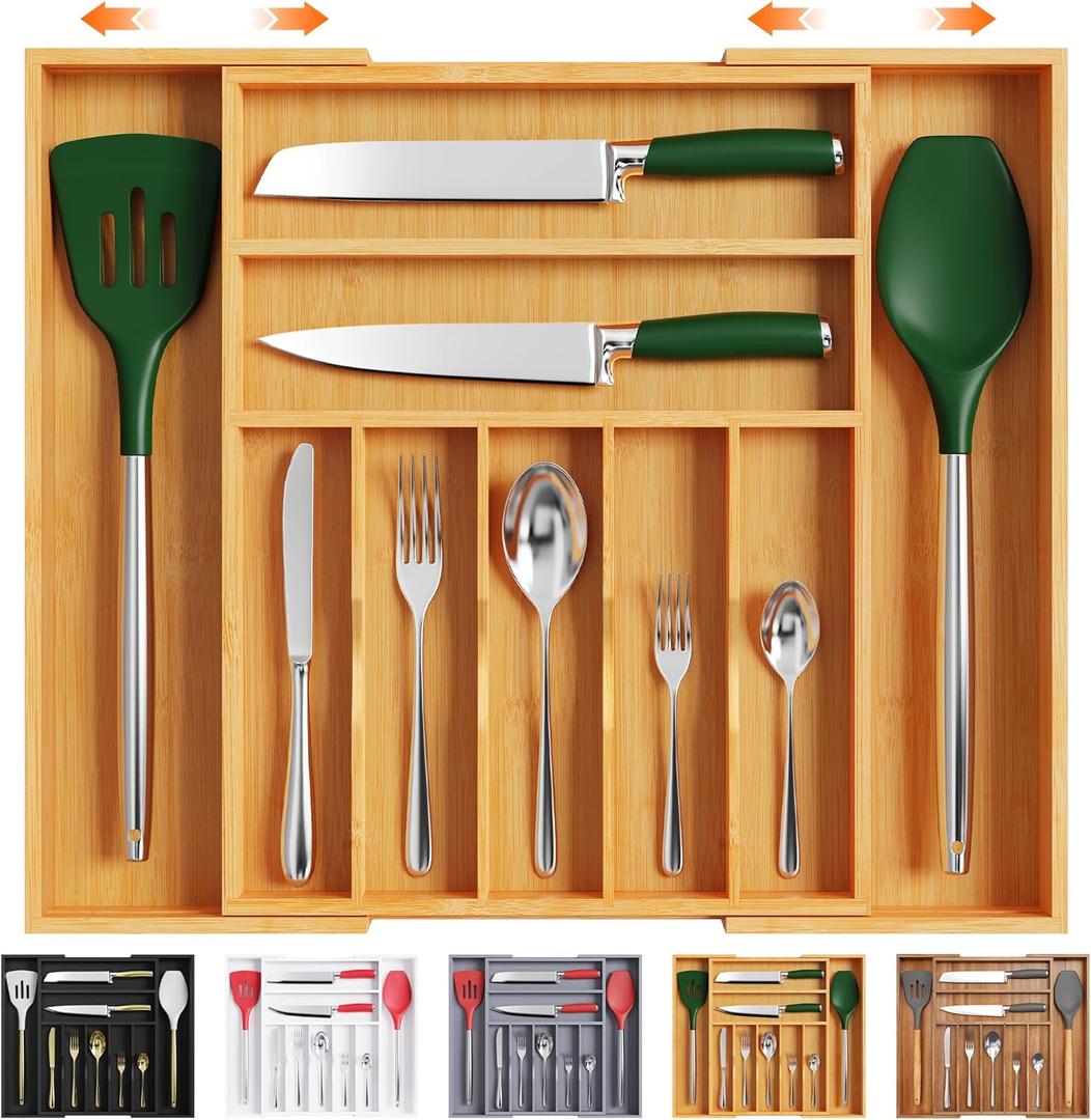Bellsal Large Premium Bamboo Silverware Organizer - Expandable Utensil Drawer Organizer - 17"x19.6" Utensil Holder and Cutlery Tray with Grooved for Kitchen Flatware and Utensils Mother's Day Gift (Nature)