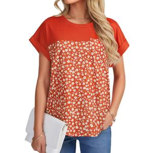 Vrtige Women's Floral Panel Short Sleeve Blouse Round Neck Casual Tops Summer Shirt with Pocket (XL)