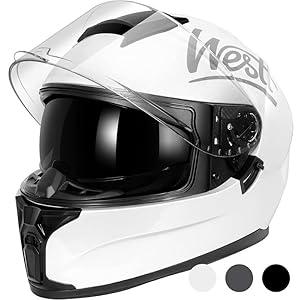 Westt Motorcycle Helmets Full Face Helmets - Street Bike Helmet with Dual Visor DOT Approved for Men Women Adults Compact Lightweight Storm X Grey Black White (White, L (23.23-23.62 in))