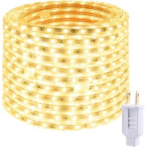 7 x 110V 2 Wire Warm Led Strip Lights Outdoor 50ft 3000K Led Rope Lights Indoor Waterproof Flexible Cuttable Connectable with UL Listed Power Supply for Home Bedroom Garden Decoration (Yellow)