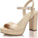 Wide Width Heels for Women Block Chunky Platform High Heels Sandals Open Toe Wedding Party Ankle Strap Dress Shoes (8.5 Wide, Nude)