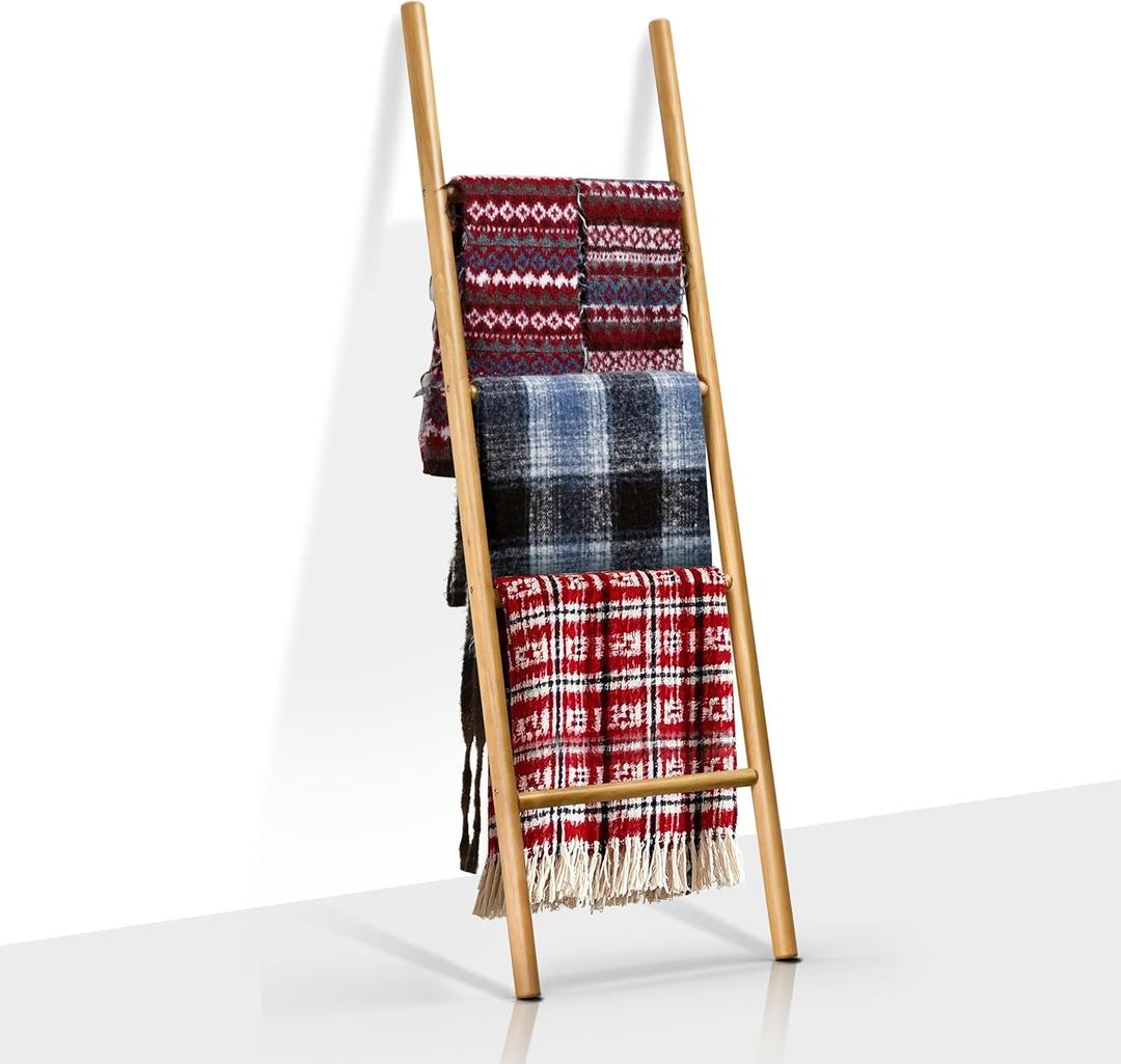 Natural Solid Wood Blanket Ladder Holder, Decorative 4 Tier 5ft Rustic Wall Leaning Stand Rack for Bedroom Living Room Bathroom (Natural Wood)