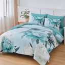 Dobuyly Floral Comforter Set Queen Size 7 Piece Bed in a Bag, Aqua Flowers Printed on Light Blue Comforter Set with Sheets, Soft Polyester Botanical Complete Bedding Set for All Season