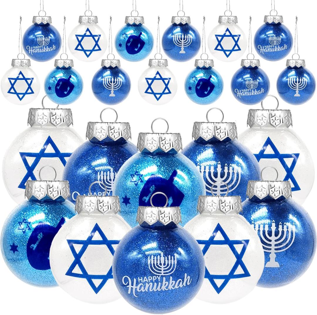 24 Pieces Hanukkah Ball Ornaments-Chanukah Decorative Hanging Ornaments Jewish Menorah Dreidel Star of David Plastic Hanging Tree Balls Happy Hanukkah Balls Ornaments for Tree Hanging Decor