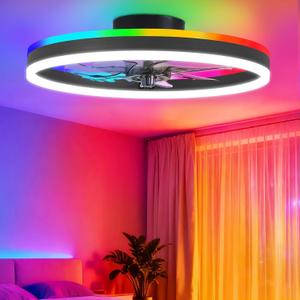 RGB Ceiling Fans with Lights and Remotes, 20 Inch Modern LED Low Profile Ceiling Fan, Quiet Reversible DC Motor, 6 Speeds, Dimmable Smart Fandelier Ceiling Fan Light for Bedroom, Living Room