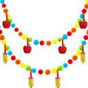 Back to School Party Banner Decorations, 2 Pieces Frist Day of School Pastel Pom Pom Garland with Apple Pencil, End of School Year School Classroom Decor, Preschool Graduation Decorations