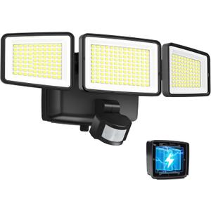 UME Battery Powered Motion Sensor Outdoor Lights 302 LED 1800LM, IP65 Waterproof Battery Operated Flood Lights Outdoor, 3 Heads Security Motion Light with 3 Modes for Garden Patio Yard (Black)