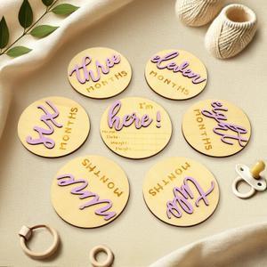 4 x Monthly Baby Milestone -Milestone Cards for Wooden Circles Discs, Photoshoot Props for Baby Boys & Girls, The Baby Essentials for a Newborn Gender-Neutral Baby, 3D Design,7 Pack,Pink, 4 Inch