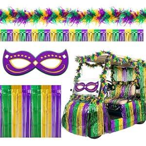 Tudomro 5 Pcs Mardi Gras Golf Cart Parade Decorations Huge Purple Green Mask Decoration Banner Hanging Fringe Banner for Mardi Gras Supplies Carnival Activities