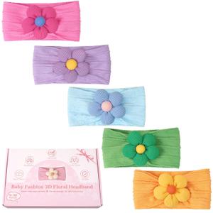 CLLOT 5 Pcs Baby Flower Headbands Baby Girls Nylon Headbands Soft Hairbands Hair Accessories for Newborn Infant Toddler Kids(Spring Summer Vibe) (Yellow+Green+Sky Blue+Purple+Hotpink)