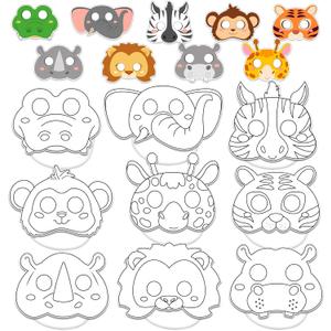 36 Set Animal Coloring Mask Jungle Paper Art Craft Kids Color Your Own Safari Lion Blank DIY Mask Masquerade Birthday Party Dress-Up Decoration Favor School Classroom Activity Game Supplies