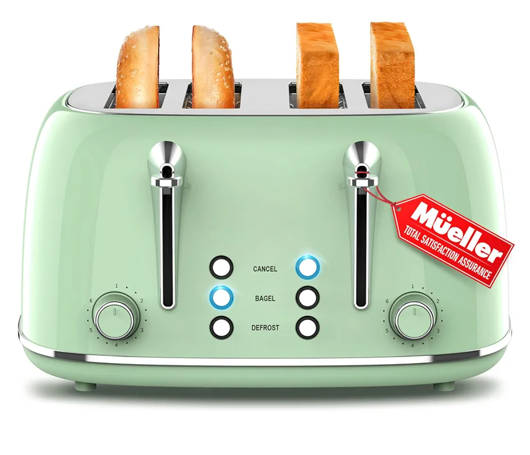 Mueller Retro Toaster 4 Slice with Extra Wide Slots Bagel, Defrost, and Cancel Function, 6 Browning Levels, Dual Independent Controls, Removable Crumb Tray and High Lift Levers, Sage Green