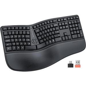 MEETION Ergonomic Keyboard Wireless, Split Curved Keyboard with Cushioned Wrist Palm Rest, 2.4G Cordless Computer keybaords, Full Size Natural Typing for Windows/Mac/Laptop/PC, Black