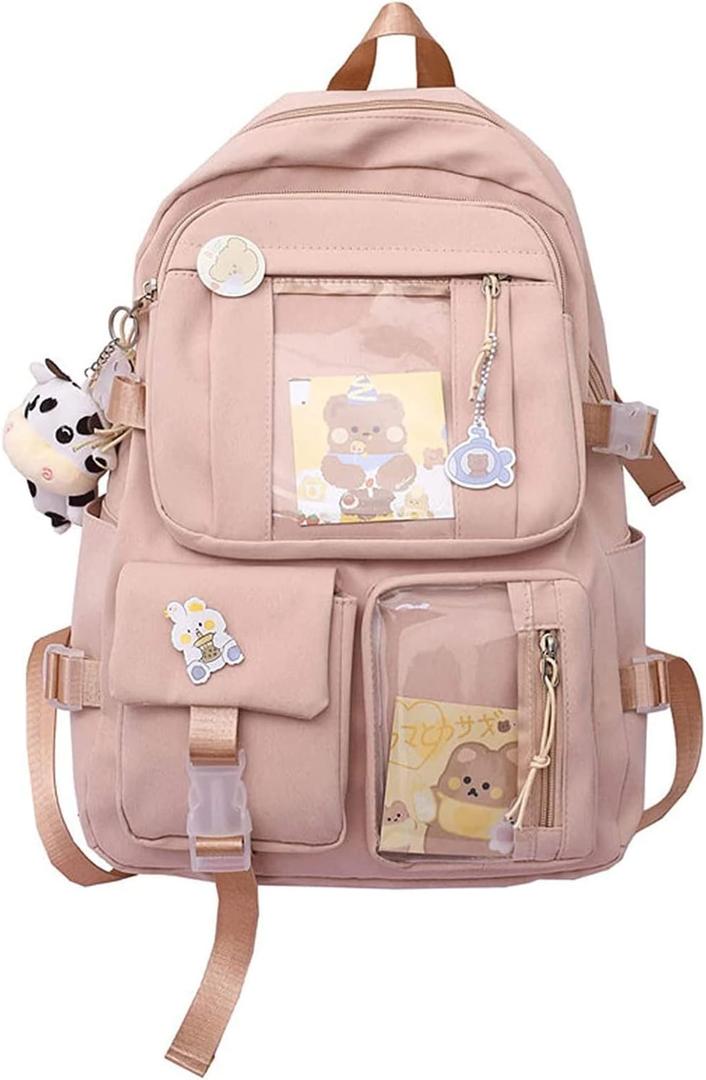 Eagerrich Cute Backpack with Cute Pin Accessories Plush Pendant for School Bag Student Girl Backpack Super-Capacity Waterproof Travel Backpack(Pink-2)
