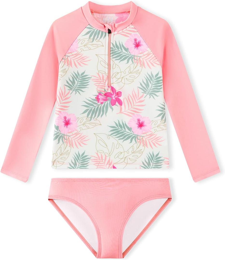 Angel season Girls Rash Guard Swimsuit Set Toddler Kids Swimwear Long Sleeve Bathing Suits Little Girl Summer UPF 50+ (5T, Pink Hawaiian Floral)