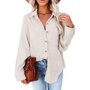 Astylish Women Corduroy Shirts Casual Long Sleeve Button Down Blouses Top (Small, Beige)