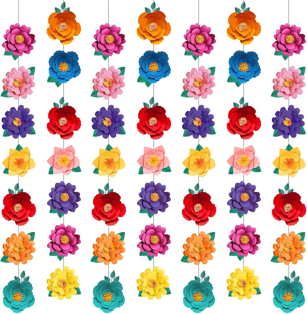 Spakon 8 Pcs Day of The Dead Paper Flower Decorations Mexican Fiesta Garlands Dia De Los Muertos Flat Floral Hanging Banner Cutouts for Mexican Halloween Birthday Baby Shower Cinco De Mayo Party Decor
