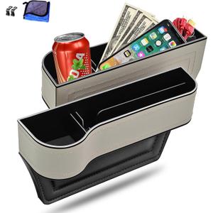 Car Seat Gap Filler Organizer, 2 Pack Multifunctional Car Seat Organizer, Auto Console Side Storage Box with Cup Holders 2 Seat Hooks for Drink, Car Organizer Front Seat for Holding Phone, Sunglasses