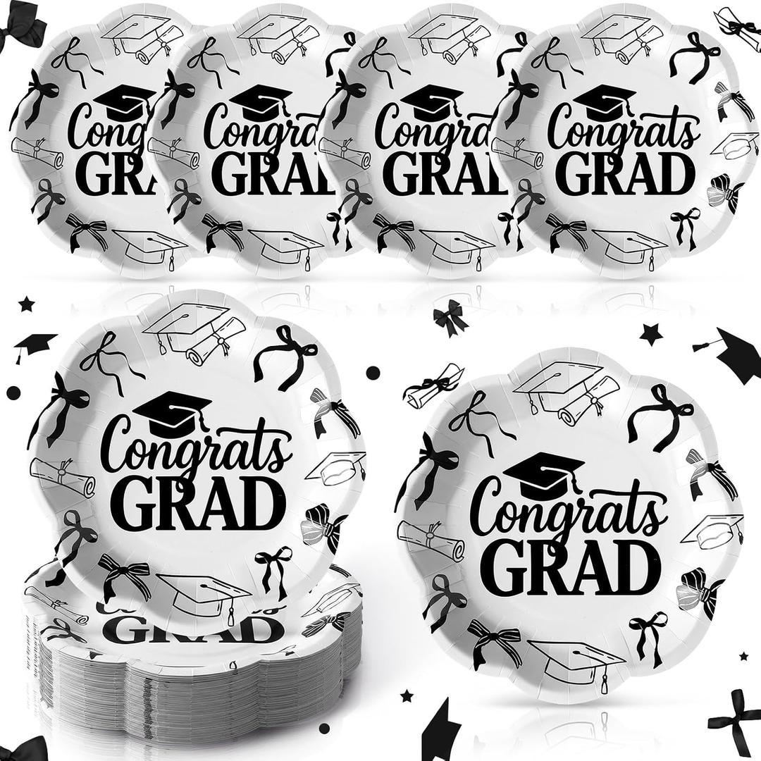 50 Pcs Black Bow Graduation Party Supplies 9 in Black Coquette Bow Graduation Plates Congrats Grad Class of 2026 Scalloped Disposable Dessert Paper Plates for College High School Party Decorations