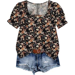 SOLY HUX Women's Plus Size Boho Tops Floral Print Square Neck Ruffle Short Sleeve Summer Tops (Black, L)