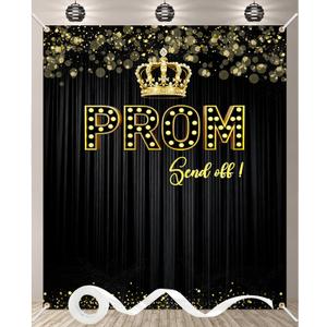 Prom Backdrop 71x82.7 Inch Black and Gold Prom Send Off Banner with 32.8ft Ribbon, Elegant Prom Party Decorations, Photo Booth Backdrop for High School Prom, Graduation, and Senior Send-Off